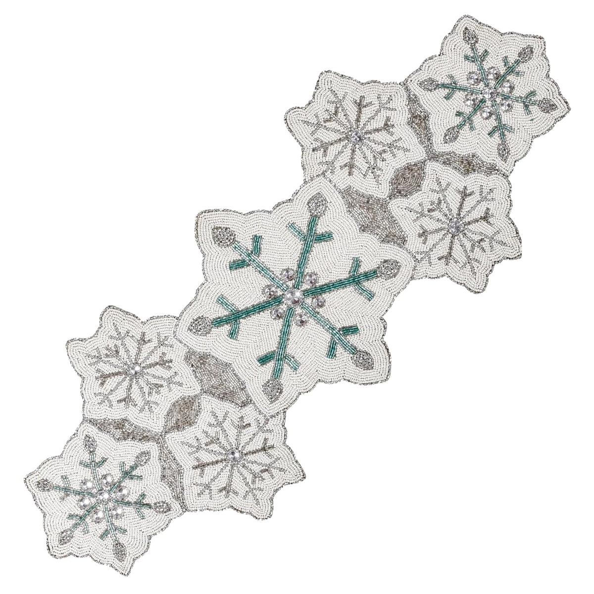 ALPHA Living HOME Beaded Table Runner 13x36 Inch, White Silver Teal Decor