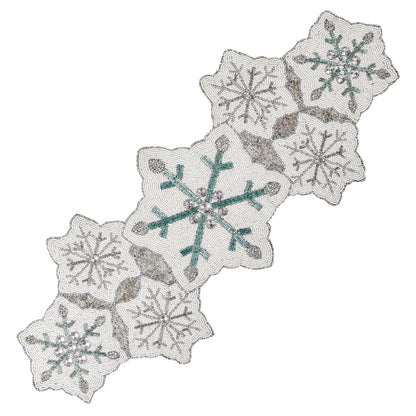 ALPHA Living HOME Beaded Table Runner 13x36 Inch, White Silver Teal Decor