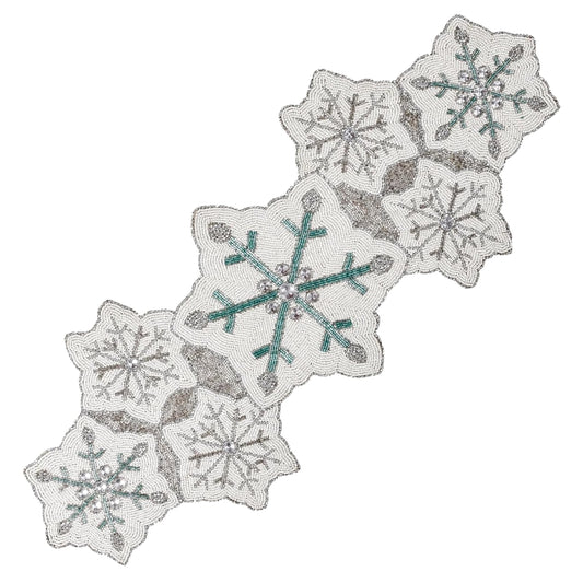 ALPHA Living HOME Beaded Table Runner 13x36 Inch, White Silver Teal Decor