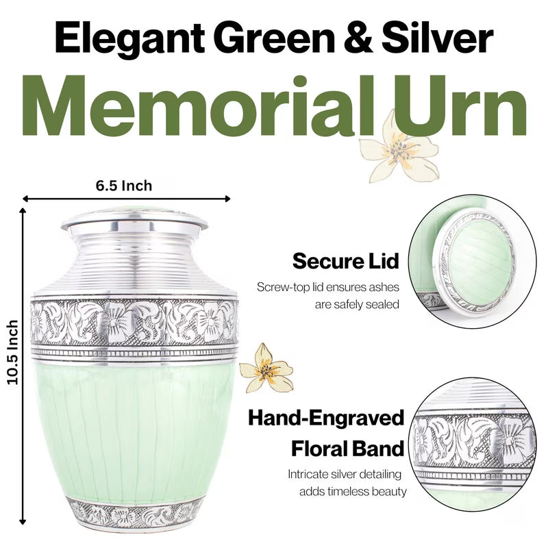 Large Cremation Urn for Human Ashes Adult – Handcrafted Aluminum Memorial Urn for Men & Women, Secure Screw-Top Lid, 200 Cubic Inches, Decorative Funeral Burial Urn for Home Display, Green Silver