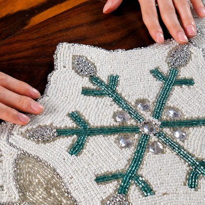 ALPHA Living HOME Beaded Table Runner 13x36 Inch, White Silver Teal Decor