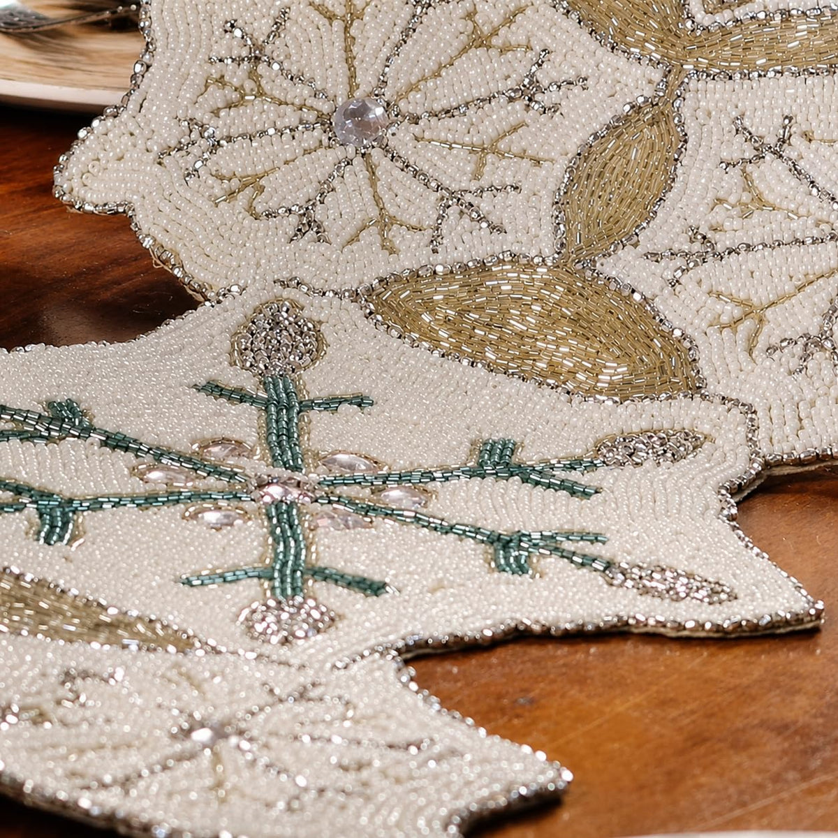 ALPHA Living HOME Beaded Table Runner 13x36 Inch, White Silver Teal Decor
