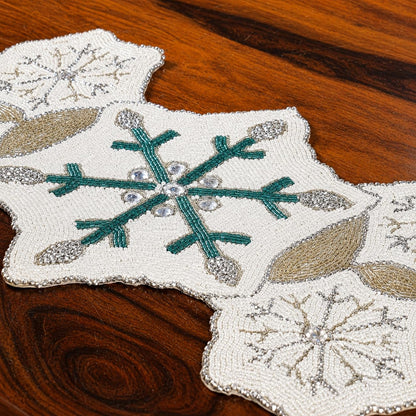 ALPHA Living HOME Beaded Table Runner 13x36 Inch, White Silver Teal Decor