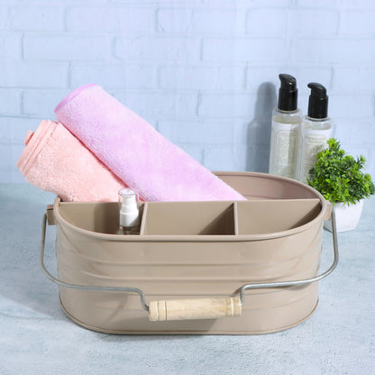 Alpha Living Home Multi-Functional Utensil Silverware Caddy - 4 Compartment Organizer for Kitchen, Party & Office – Durable Beige Powder-Coated Iron Alloy with Wooden Handle