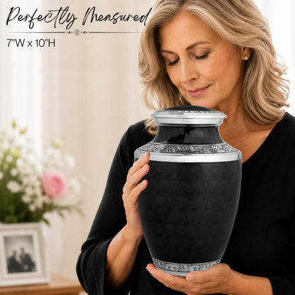 Alpha Living Home Urns for Human Ashes Adult Female and Male 200+ Cubic Inches, Decorative Burial Urn, Funeral Cremation Urns for Women and Men, Handcrafted Urn for Ashes Adult 10" Black Silver