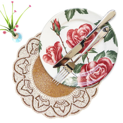 ALPHA Living HOME Glass Beaded Placemats – 13 Inch Round Charger Table Mats, Set of 2 (Ivory Gold)