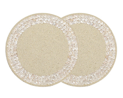ALPHA Living HOME Ivory Beaded Placemat 13 Inch Round Glass Bead Dining Mat- Set of 1