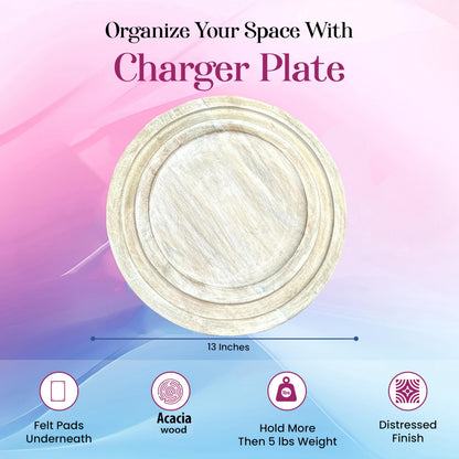 Alpha Living Home 2 Pack Handcrafted Wood Charger Plates - 13" Rustic Round Wooden Dinnerware, Lightweight Decorative Serving Trays for Desserts Appetizers Dining Parties Weddings Cake (White)