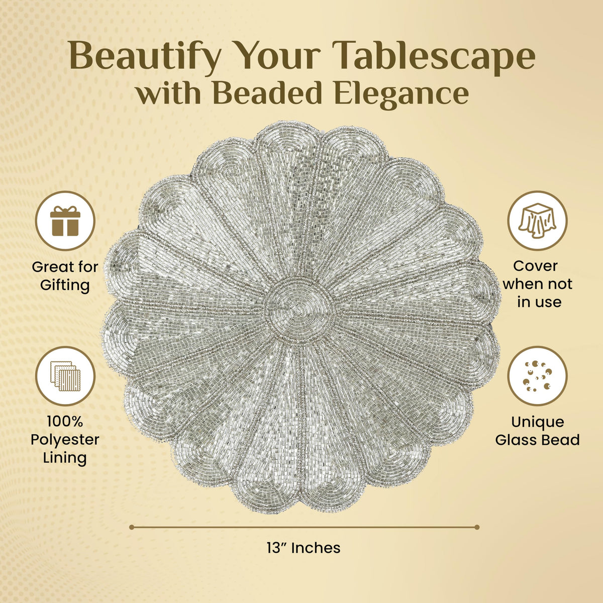Alpha Living HOME Beaded Placemat – Handmade Glass Bead Charger Table Mat, Decorative Round Dining Decor, Set of 1 (Silver)