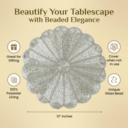 Alpha Living HOME Beaded Placemat – Handmade Glass Bead Charger Table Mat, Decorative Round Dining Decor, Set of 1 (Silver)