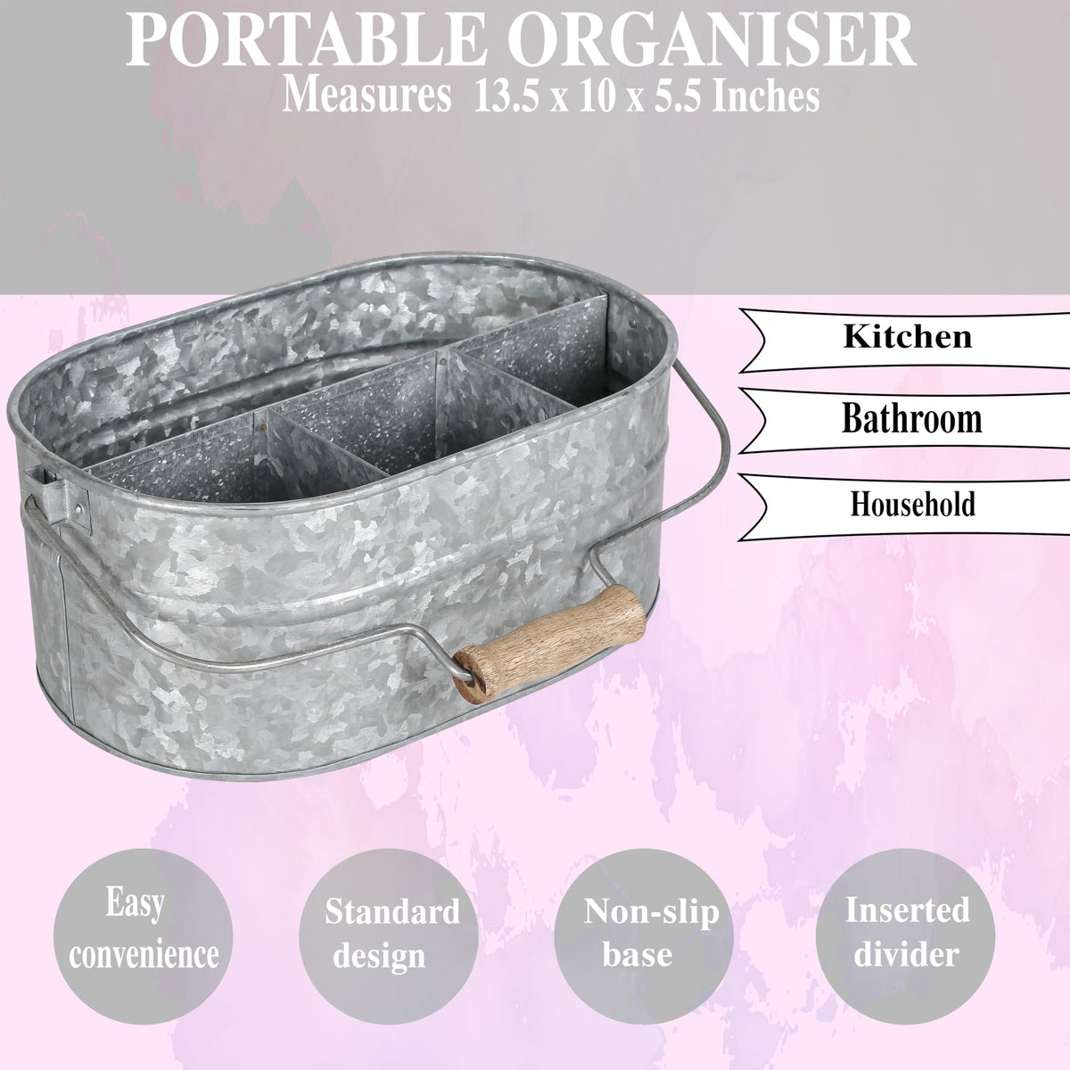 Alpha Living Home Galvanized Metal Utensil Caddy - Rustic Farmhouse Organizer Metal Garden Caddy with 4 Compartments and Wooden Handle for Kitchen, Buffet & Outdoor Events (Silver)
