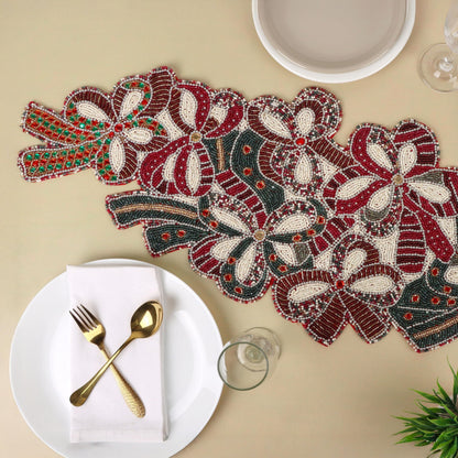 Beaded Table Runner 13 x 36 Inch - Handmade Glass Bead Decorative Runner for Dining Table, Coffee Table, Farmhouse, Wedding, Christmas & Holiday Centerpiece Decor, Maroon Dark Green