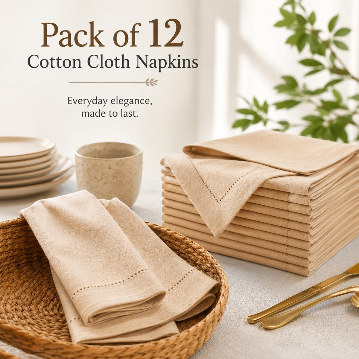 Alpha Living Home Linen Cloth Napkins, Natural, 18x18 in, 12-Pack