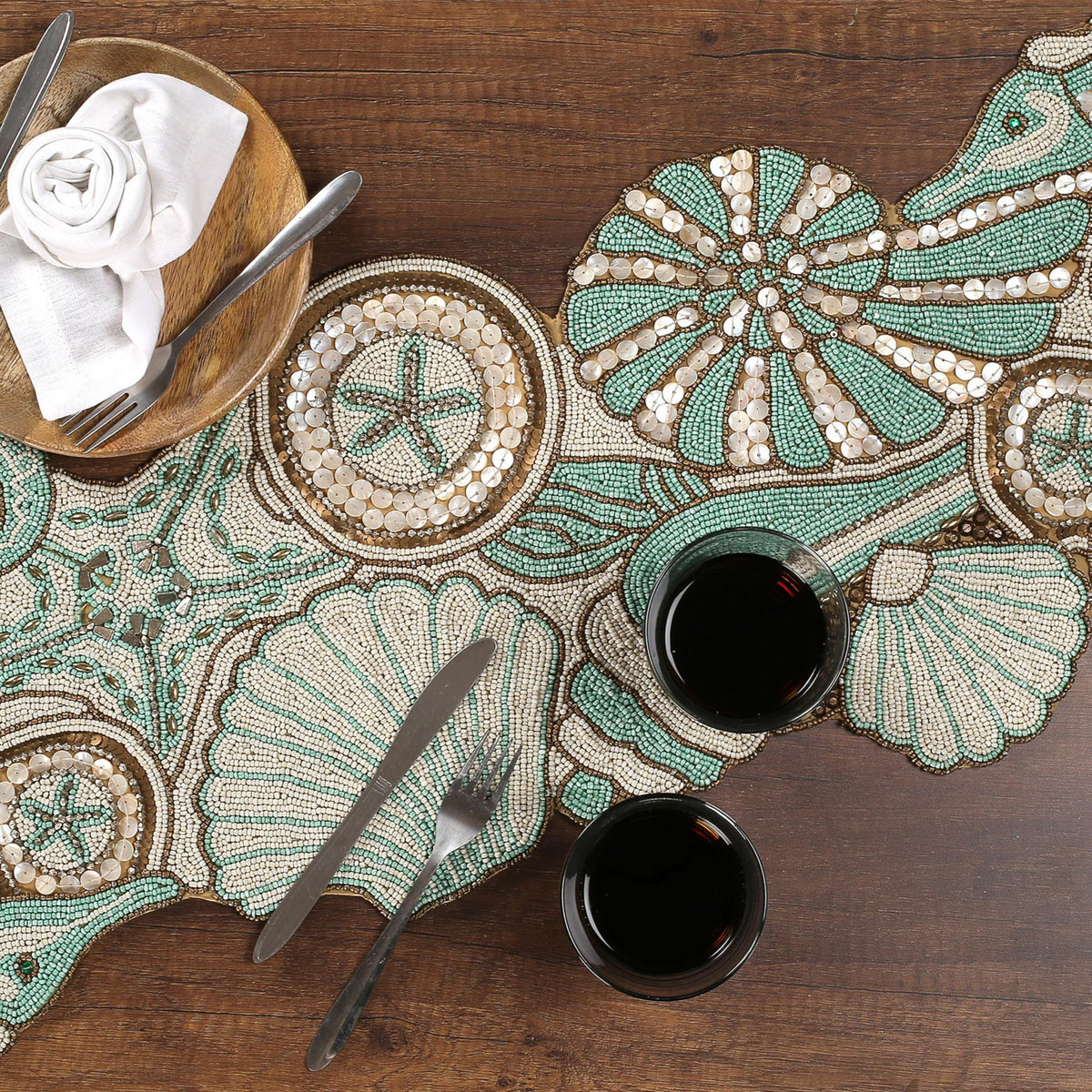 ALPHA Living HOME Handmade Beaded Runner 13x36 Inch Green Brown Table Decor
