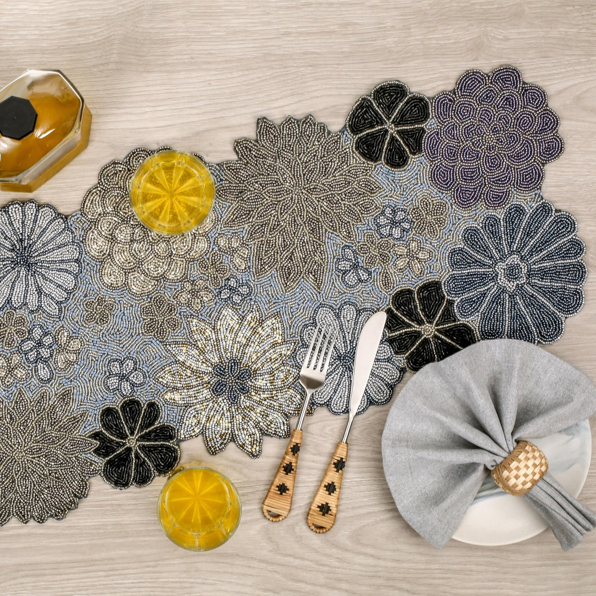 Beaded Table Runner – Handmade Floral Glass Bead Decorative Table Runner for Dining, Coffee & Accent Tables