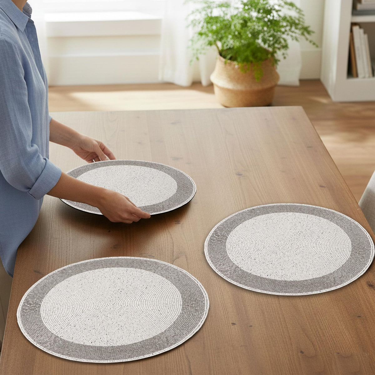 ALPHA Living HOME Silver White Beaded Placemats – 13 Inch Round Handmade Table Mats, Set of 4