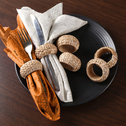 Natural Cane Napkin Rings Set of 6, Handwoven Table Decor, Bohemian Coastal Napkin Holders for Rustic Dining & Tropical Vibes - Sleek for Everyday Use (Brown) - ALPHA Living HOME