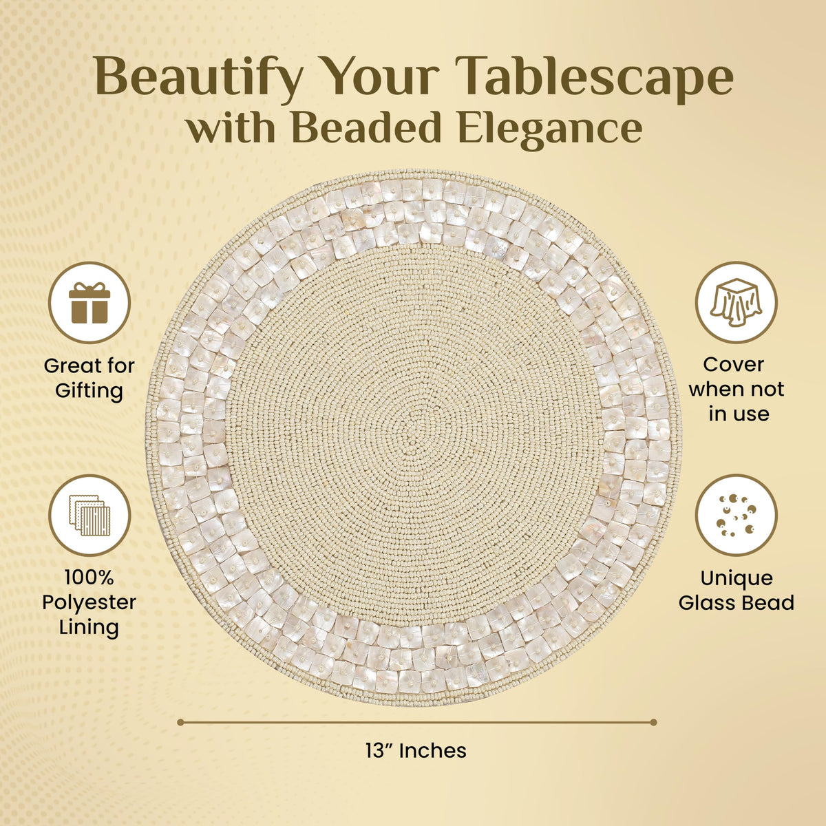 ALPHA LIVING 13-Inch Round Beaded Placemats, Ivory, Set of 2