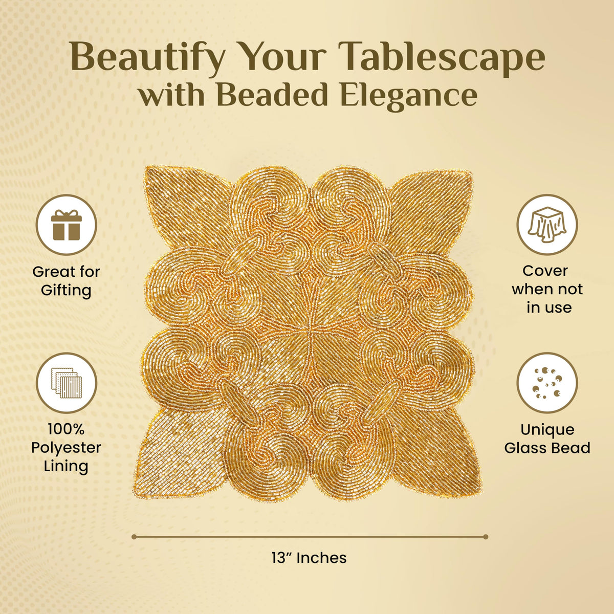 ALPHA Living HOME Square Beaded Placemats – Handmade Glass Bead Table Mats, Set of 2 (Mustard)