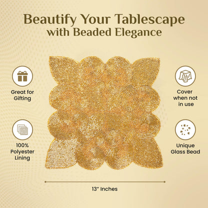 ALPHA Living HOME Square Beaded Placemats – Handmade Glass Bead Table Mats, Set of 2 (Mustard)