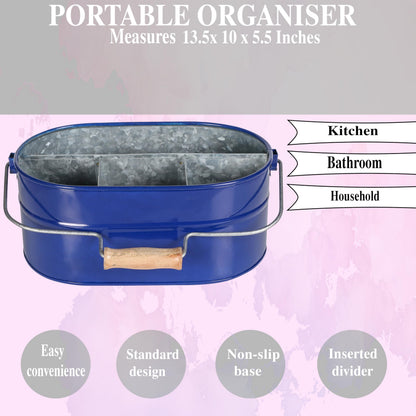 Alpha Living Home 4-Section Galvanized Utensil Caddy with Wooden Handle – Farmhouse Kitchen Organizer, Blue
