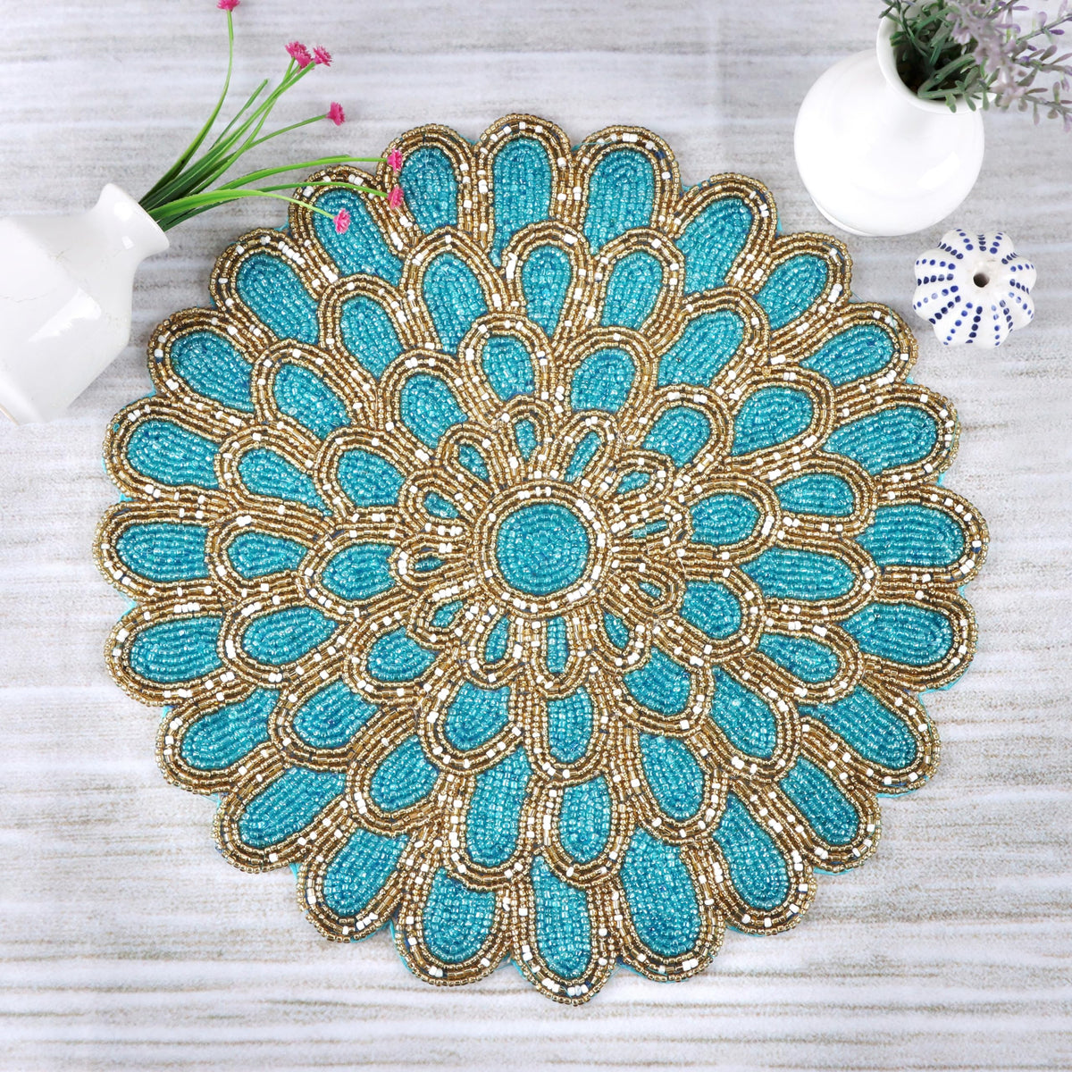 ALPHA Living HOME Handmade Beaded Placemat, 13" Round Glass Bead Table Mat, Set of 1