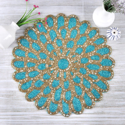 ALPHA Living HOME Handmade Beaded Placemat, 13" Round Glass Bead Table Mat, Set of 1