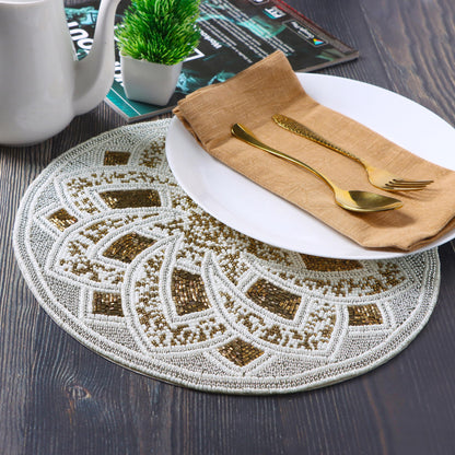 13-Inch Round Glass Beaded Placemat, Silver Brown, Set of 1
