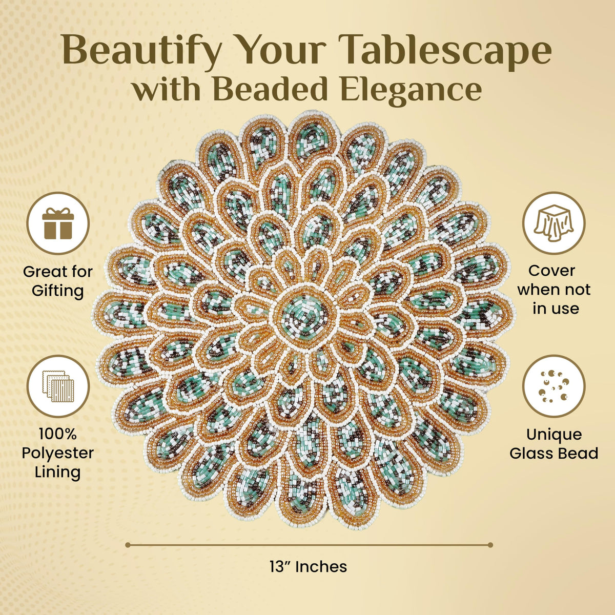 ALPHA Living HOME Beaded Placemat – Green, Gold & Ivory, 13 Inch, Set of 1
