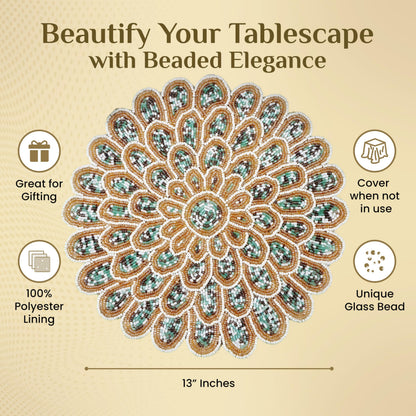 ALPHA Living HOME Beaded Placemat – Green, Gold & Ivory, 13 Inch, Set of 1