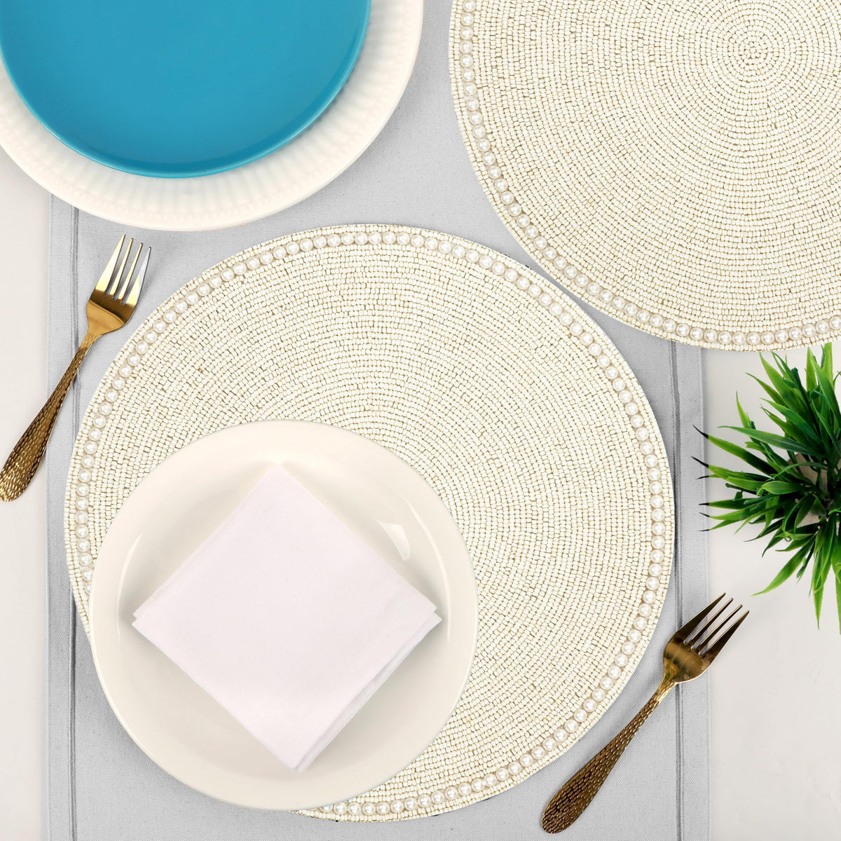 Round Beaded Placemats - Handmade Beaded Table Mat Non-Slip Polyester Backing for Dining Table Decor, Kitchen, Parties, Family Meals Pack of 2 (Ivory) - ALPHA Living HOME