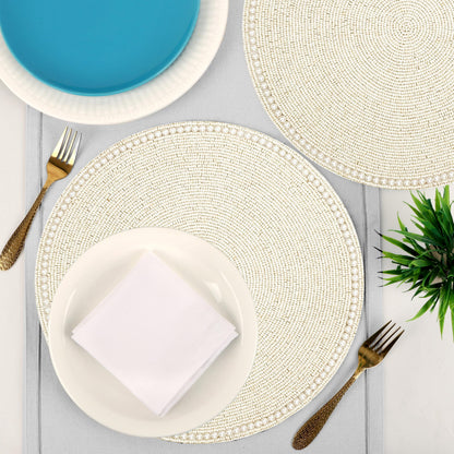 Round Beaded Placemats - Handmade Beaded Table Mat Non-Slip Polyester Backing for Dining Table Decor, Kitchen, Parties, Family Meals Pack of 2 (Ivory) - ALPHA Living HOME