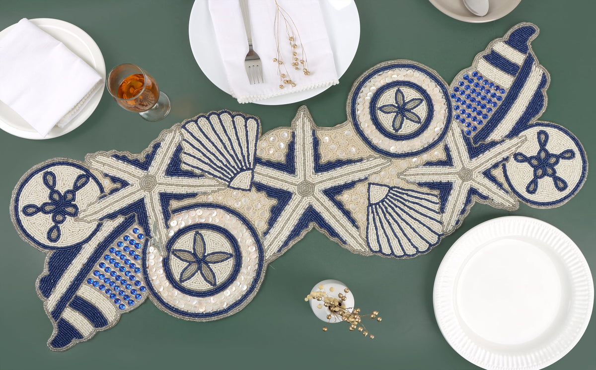 Beaded Table Runner - Handmade Glass Beads & Polyester Runner for Coffee & Dining Table, Elegant Star Pattern Decor for Home, Wedding, Holiday, Coastal or Boho Theme (Blue White) - ALPHA Living HOME