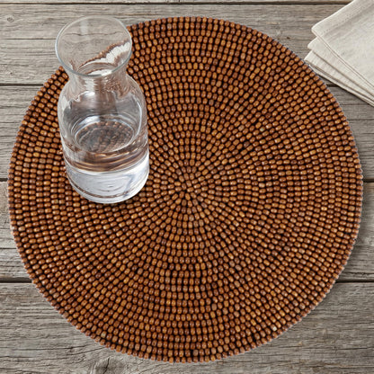 Round Woven Placemats 2 Pack, Natural Wood Place mats with Cotton Back, Table Mats for Dining Table, Fall, Halloween, Thanksgiving, Christmas (Dark Brown)