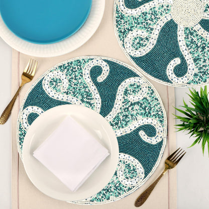 13-Inch Round Beaded Placemat, Teal Ivory, Set of 1