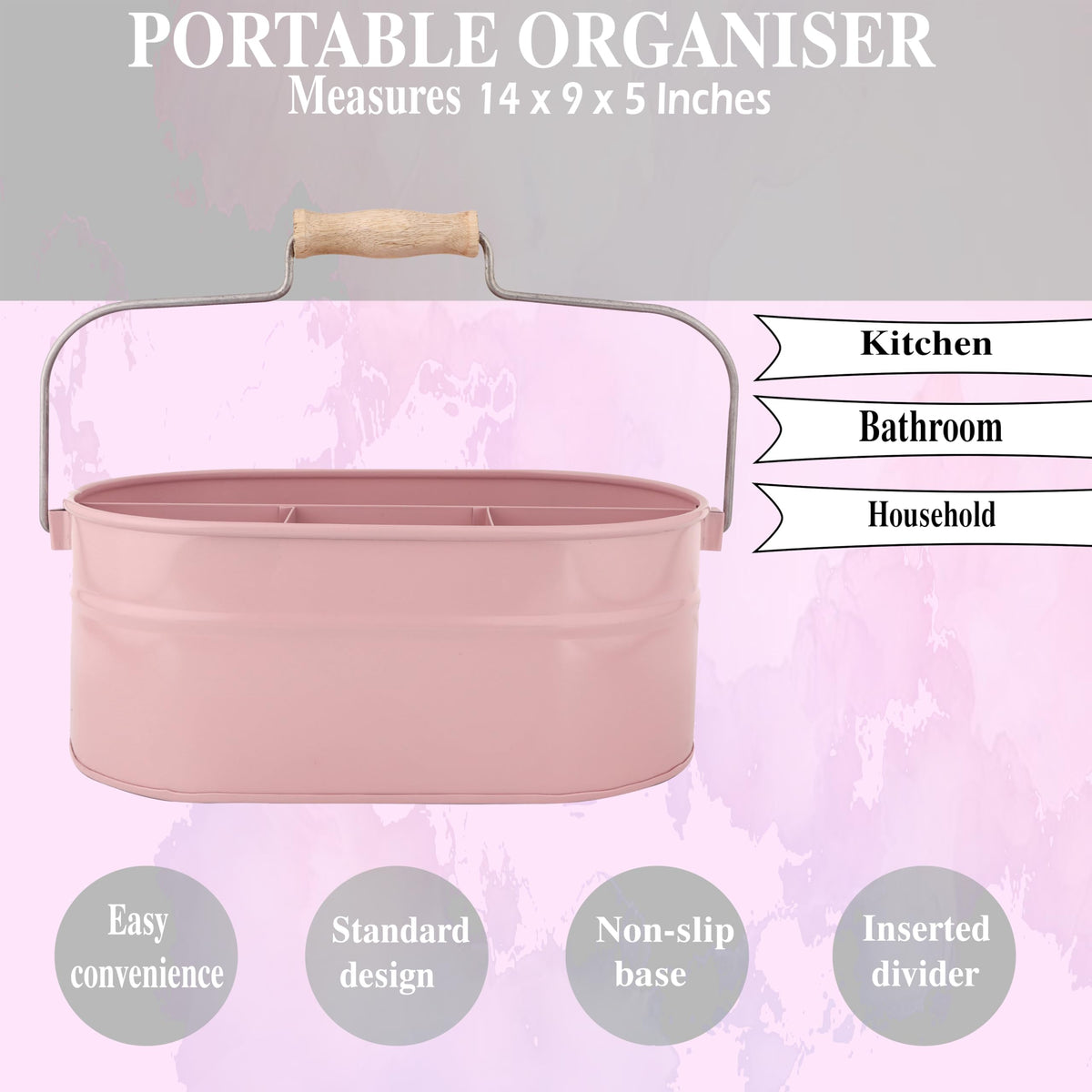 Alpha Living Home Farmhouse Utensil Caddy - 4 Compartment Silverware & Kitchen Organizer with Sturdy Wooden Handle, Heavy Duty Metal Alloy Utensil Holder Durable Powder-Coated Finish (Pink)