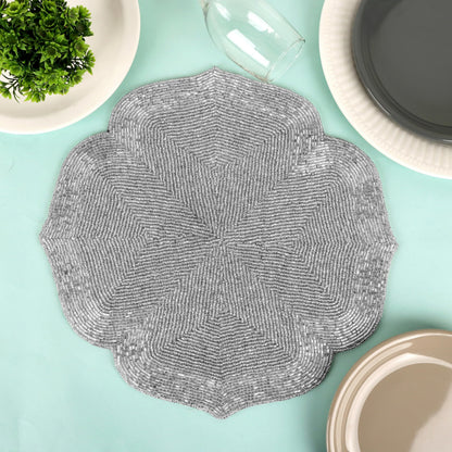 ALPHA Living HOME Silver Beaded Placemats Set of 2 Handmade Dining Mat Pair