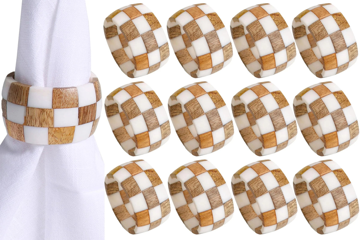ALPHA Living HOME Rustic Napkin Rings Setof 12 - Handmade Epoxy & Wood Napkin Holders for Table Decor, Wedding, Easter, Thanksgiving, Party & Dining – Modern Farmhouse Accessories (Brown Cream)