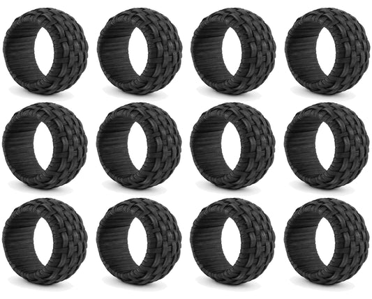 Artisan Cane Napkin Rings Set of 12, Earthy Woven Dinner Napkin Holders, Natural Bohemian Farmhouse Table Accessory for Dinner Parties & Everyday Use (Black) - ALPHA Living HOME