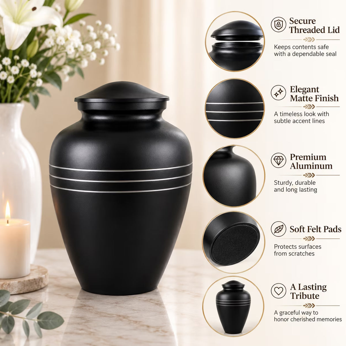 Memorials Cremation Urns for Human Ashes Cremation Urn Funeral Urns for Adult Female & Male Decorative Burial Urn Holds Large up to 220 lbs (Black Silver) - ALPHA Living HOME