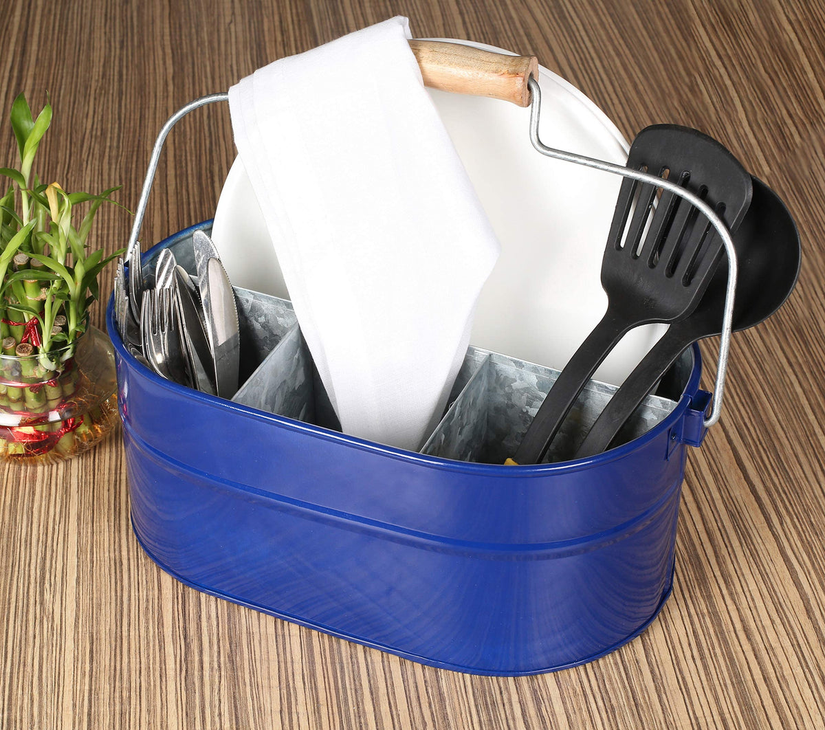 Alpha Living Home 4-Section Galvanized Utensil Caddy with Wooden Handle – Farmhouse Kitchen Organizer, Blue