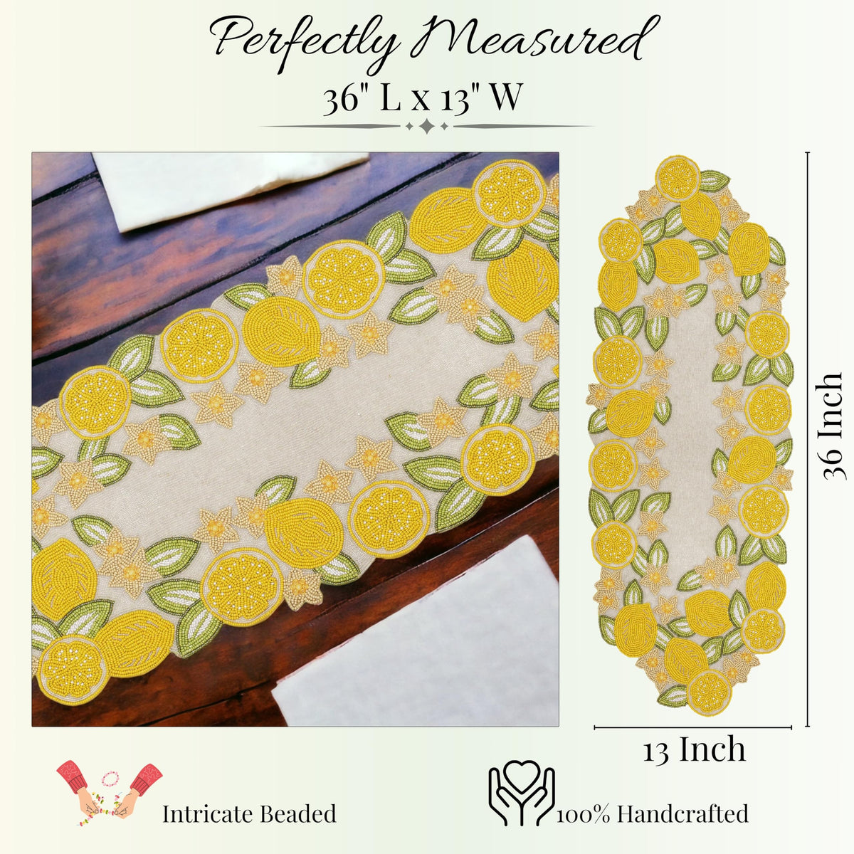 Beaded Table Runner 13x36 Inch Beaded Runner - Premium Glass Beads & Polyester Ideal for Wedding Home Décor Christmas & Family Gathering (Yellow Light Green) - ALPHA Living HOME