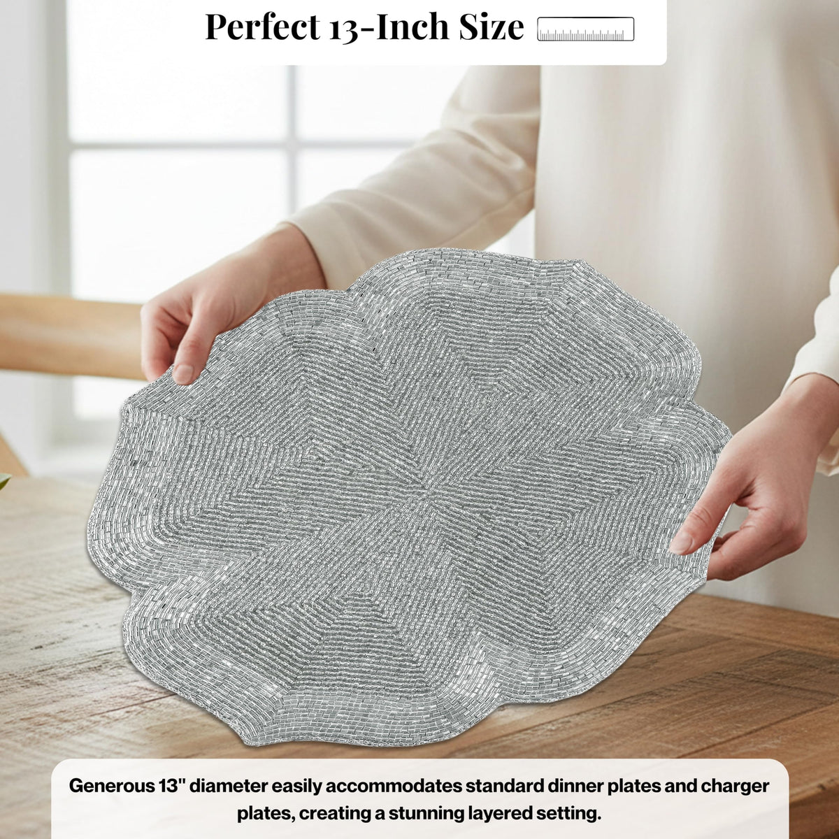 ALPHA Living HOME Silver Beaded Placemats Set of 2 Handmade Dining Mat Pair