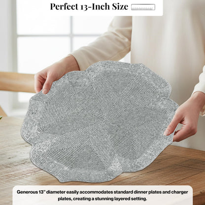 ALPHA Living HOME Silver Beaded Placemats Set of 2 Handmade Dining Mat Pair
