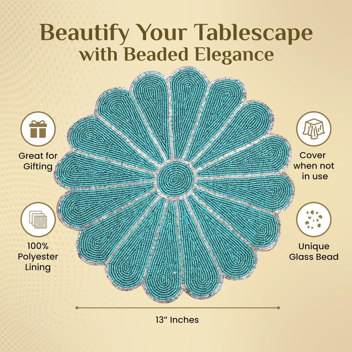 Alpha Living Home 2-Pack Round Placemats, Glass Beads, Teal Silver, 13 Inch