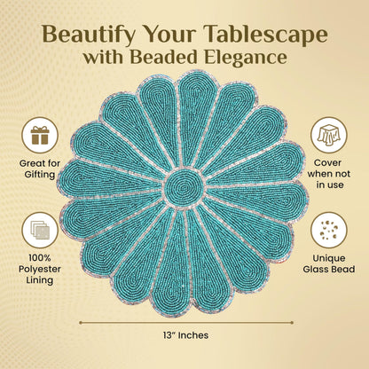 Alpha Living Home 2-Pack Round Placemats, Glass Beads, Teal Silver, 13 Inch