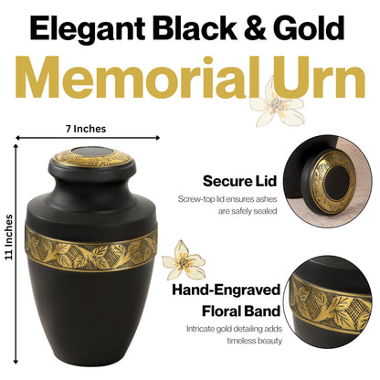 Cremation Urns for Human Ashes Adult – Handcrafted Aluminum Memorial Urn with Gold Leaf Engraving & Velvet Carry Bag, Decorative Funeral Burial Urn with Secure Screw Lid, (Black & Gold)