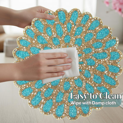 ALPHA Living HOME Handmade Beaded Placemat, 13" Round Glass Bead Table Mat, Set of 1