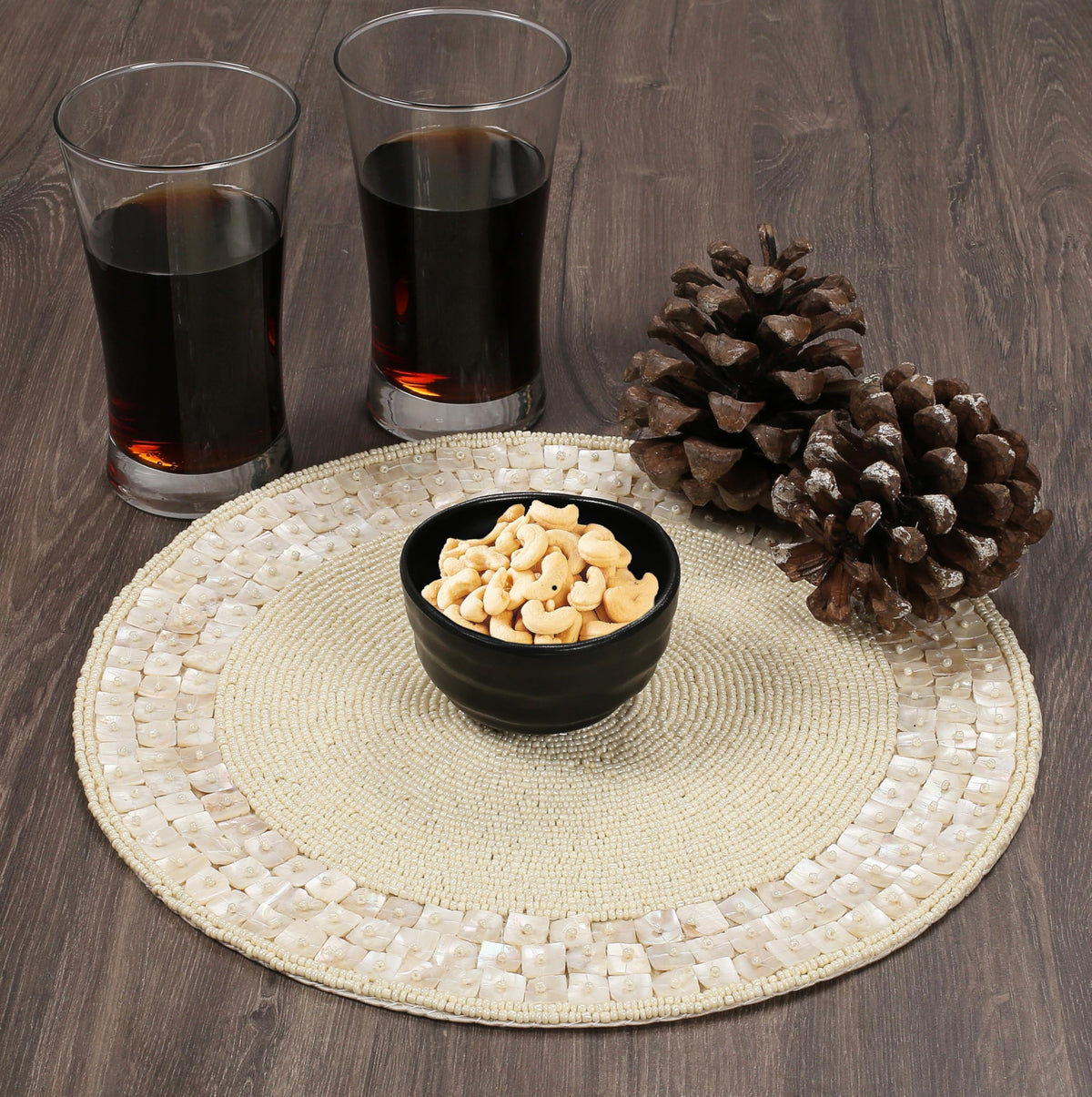 ALPHA Living HOME Ivory Beaded Placemat 13 Inch Round Glass Bead Dining Mat- Set of 1