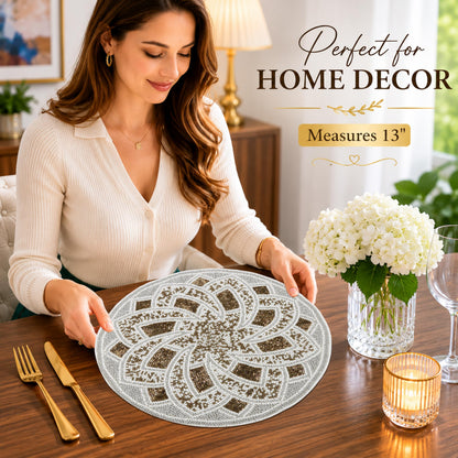 13-Inch Round Glass Beaded Placemat, Silver Brown, Set of 1